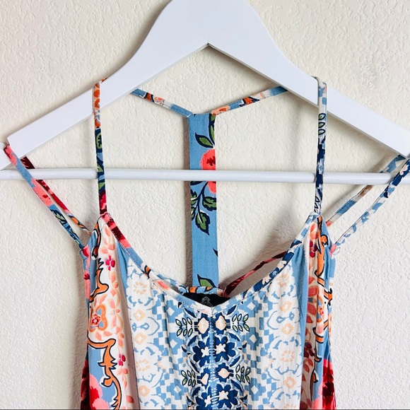 Cream & Bright Floral Mixed Print Linen Strappy Boho Shift Mini Dress - Picture 6 of 11